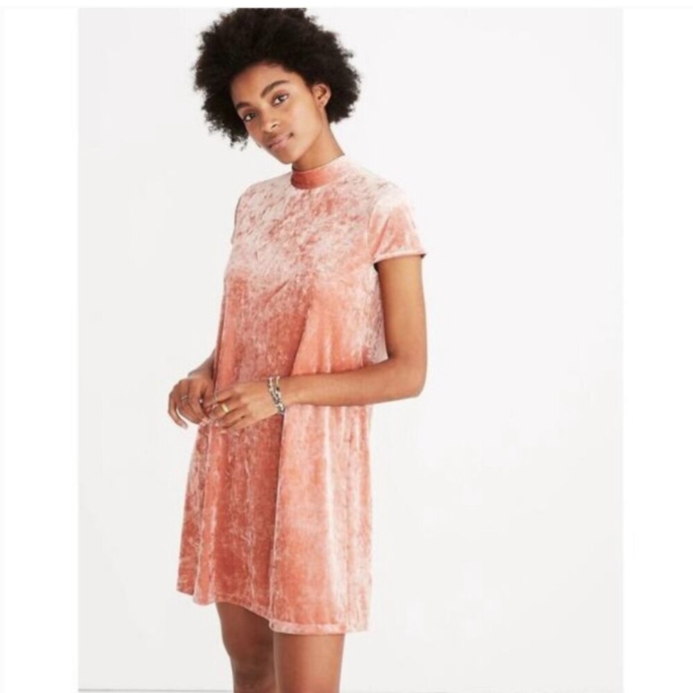 Madewell Coral Pink Crushed Velvet Mini Shift Dress Size S NWT
